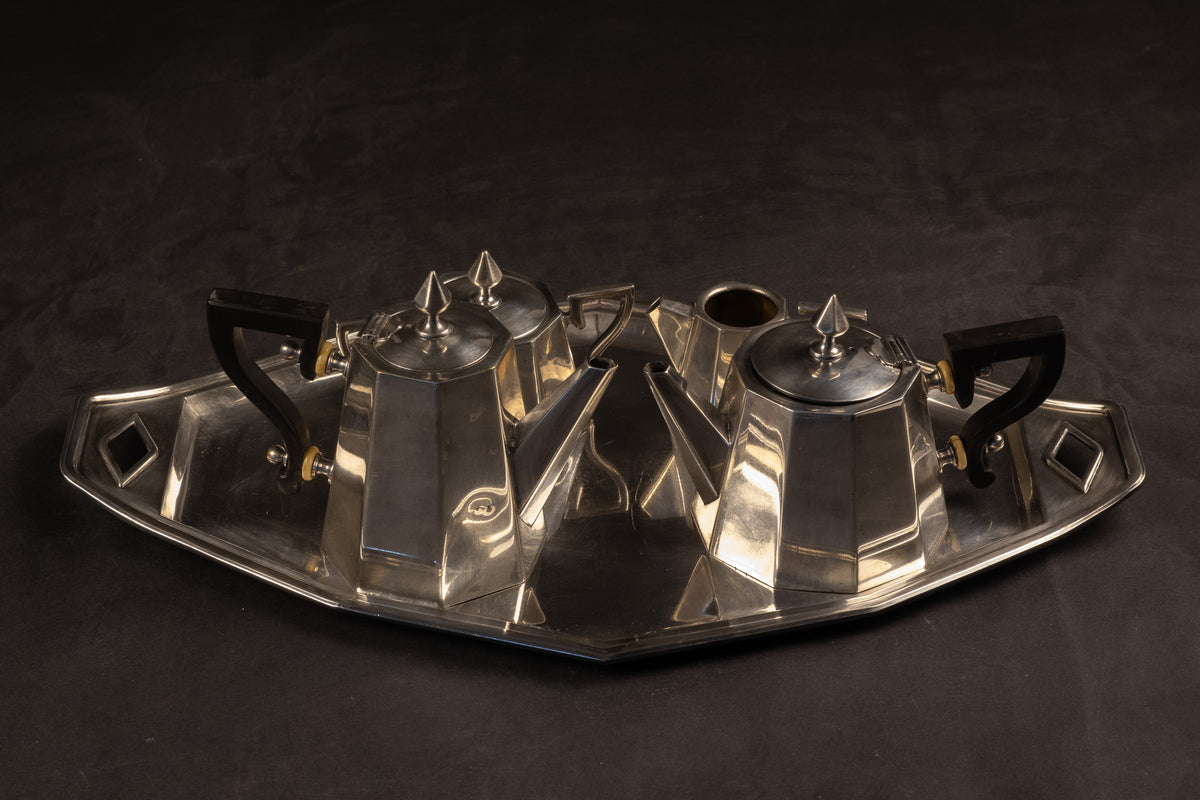 Frans Art Deco Mokka- & Theeservies (5-delig) – Octogonaal Design met Dienblad – ca. 1925–1935