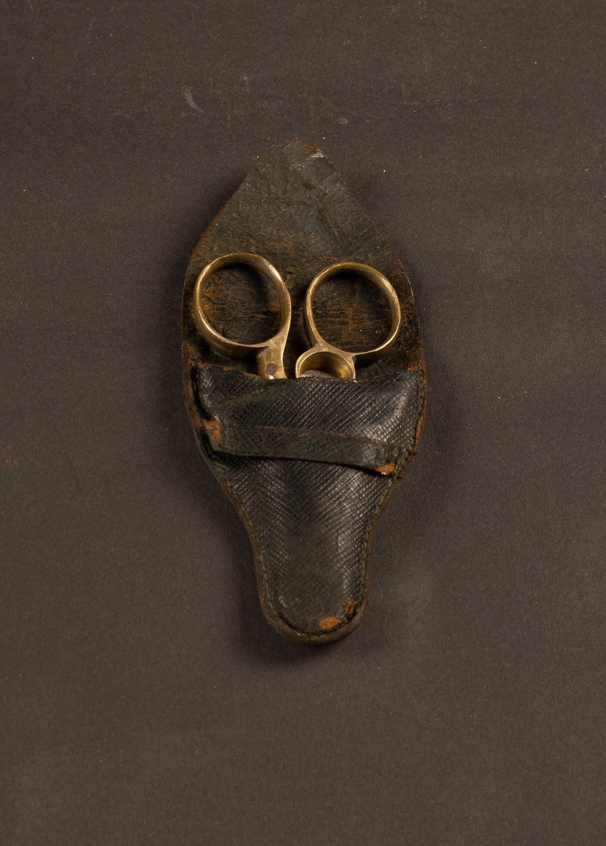 Antieke Messing Sigarenknipper met Parelmoer in Origineel Lederen Foedraal – ca. 1900