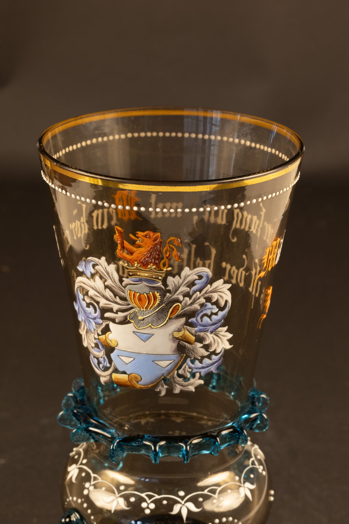 Grote antieke Historismus roemer / pronkbeker met wapenschild en drinkspreuk – Duitsland/Bohemen, ca. 1890