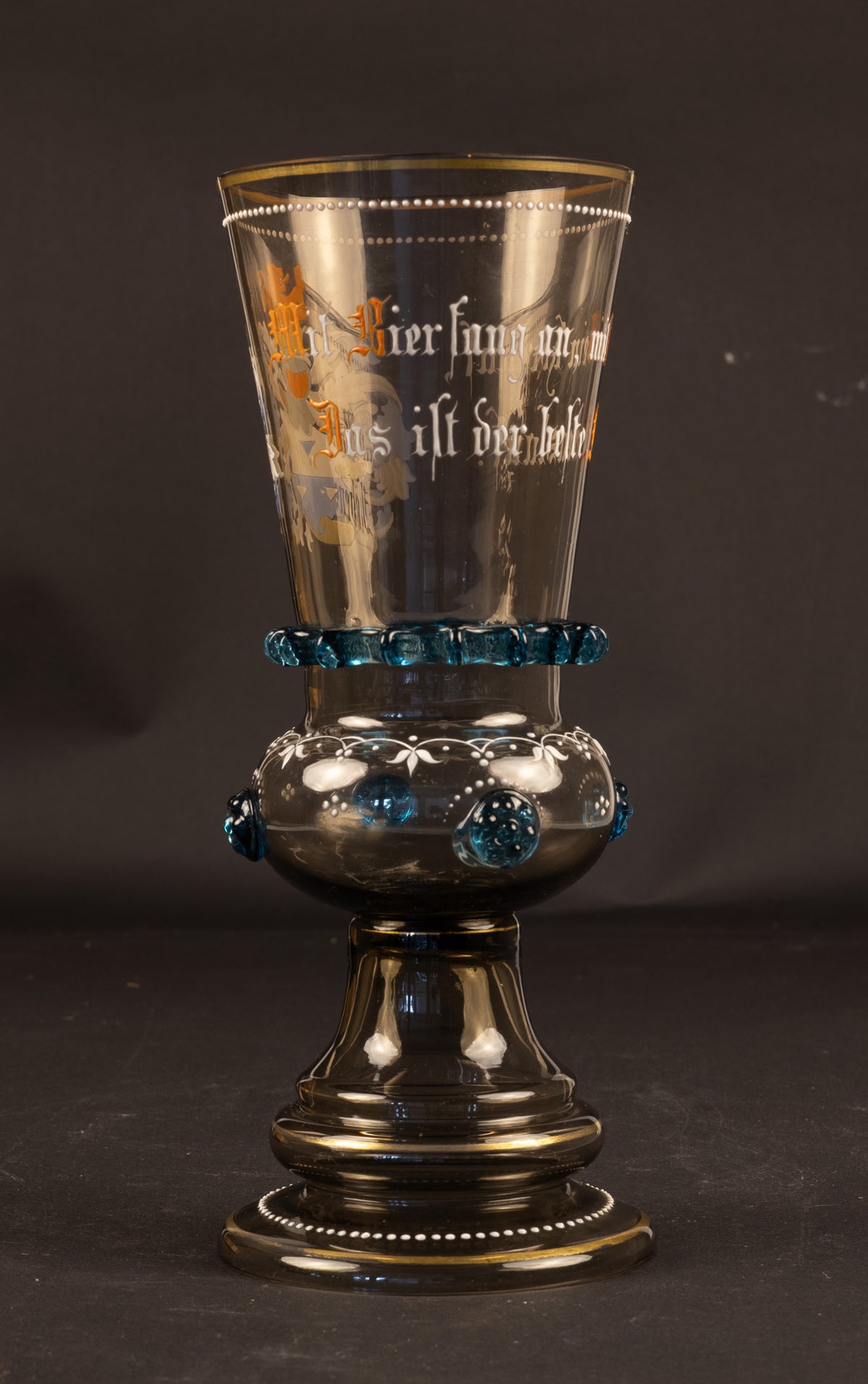 Grote antieke Historismus roemer / pronkbeker met wapenschild en drinkspreuk – Duitsland/Bohemen, ca. 1890