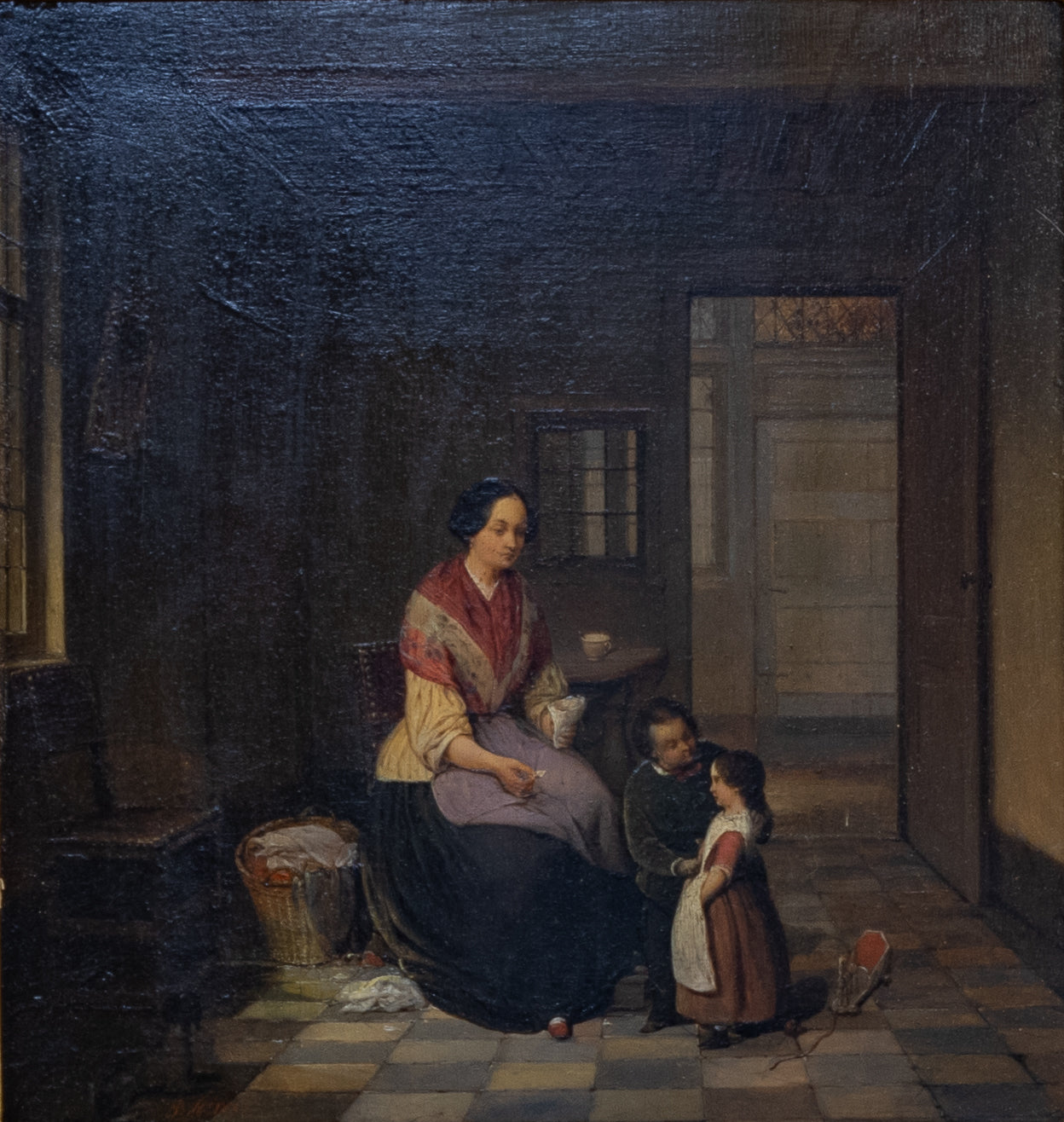 Paul Haesaert (1813-1893) – Huiselijke tederheid: Moeder met kinderen in interieur (1857)
