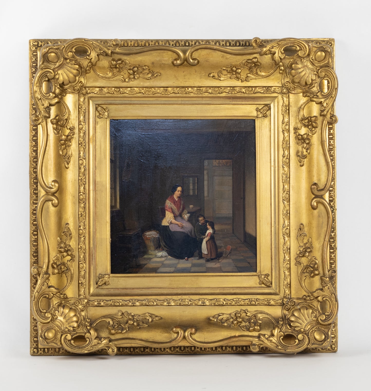 Paul Haesaert (1813-1893) – Huiselijke tederheid: Moeder met kinderen in interieur (1857)