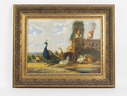 Atmosphärisches Ölgemälde aus dem 19. Jahrhundert: „Geflügel mit Pfau im Stil von Albertus Verhoesen“
