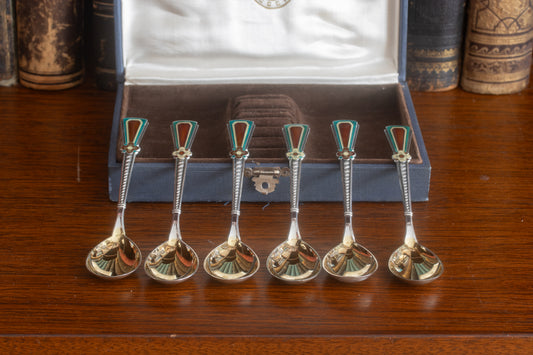 Antieke Set van 6 Russische Zilveren Cloisonné Emaille Theelepels – USSR
