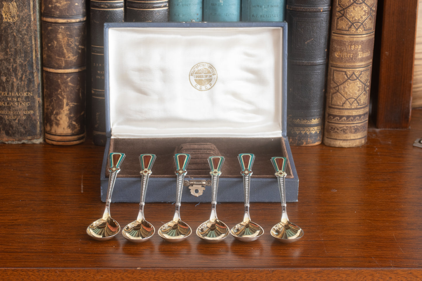 Antikes Set aus 6 russischen Cloisonné-Emaille-Teelöffeln – UdSSR