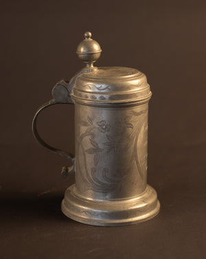 Antieke Duitse Tinnen Walzenkrug / Klepkan – Gedateerd 1836 – Biedermeier