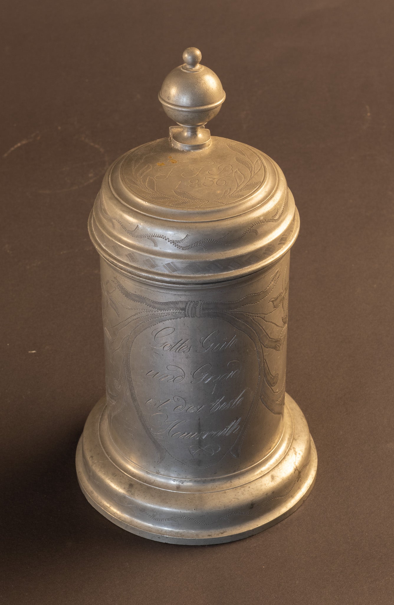 Antieke Duitse Tinnen Walzenkrug / Klepkan – Gedateerd 1836 – Biedermeier