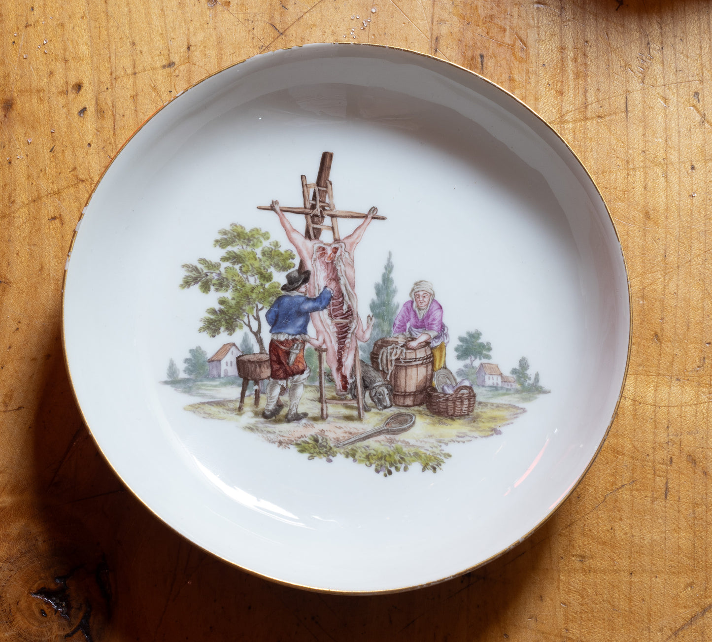 Meissen Kop en Schotel Trio met ‘Teniers’ Plattelandstaferelen – ca. 1755