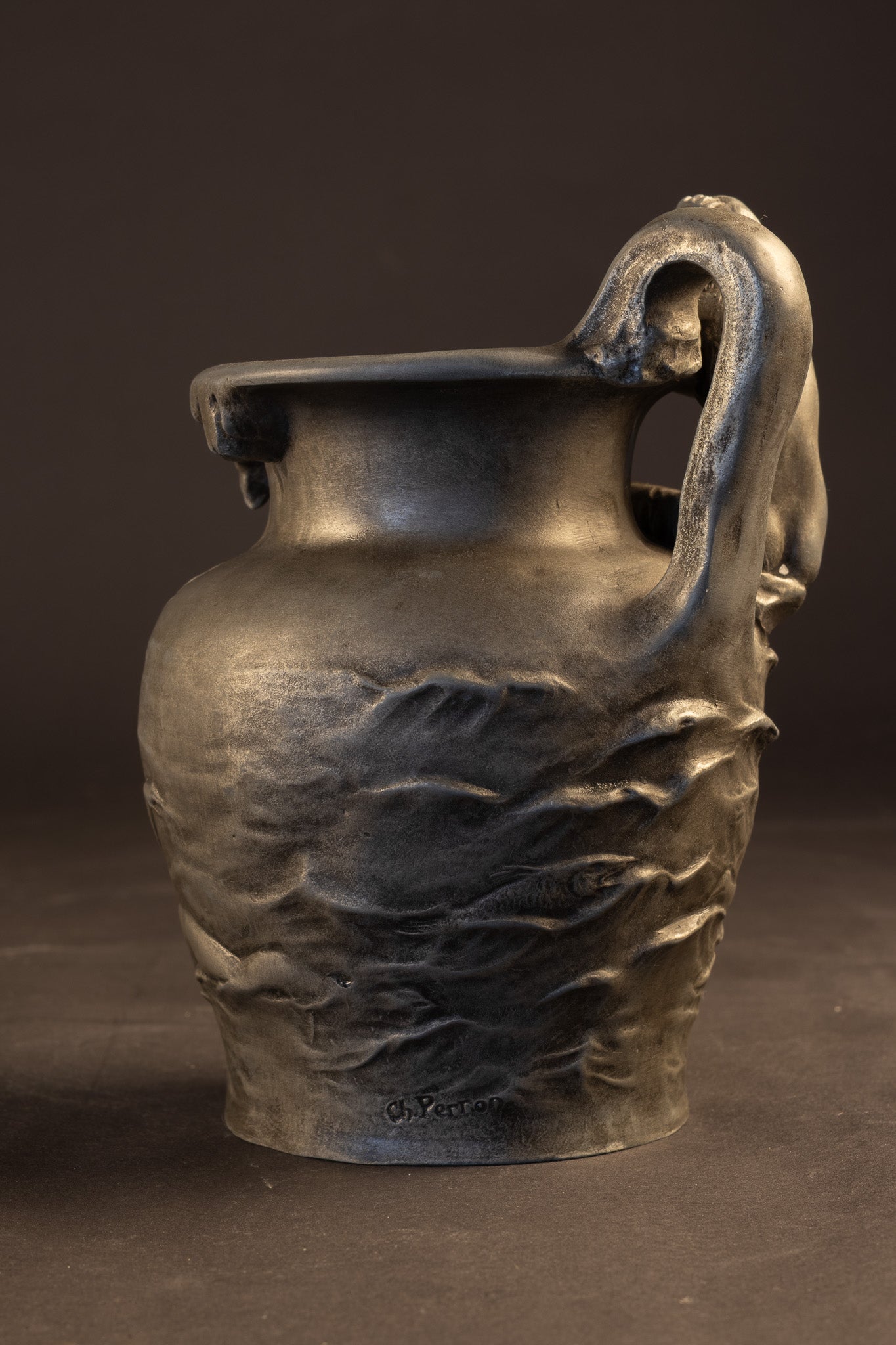 Franse Art Nouveau Tinnen Vaas met Nimf en Neptunus – Charles Théodore Perron (ca. 1900)