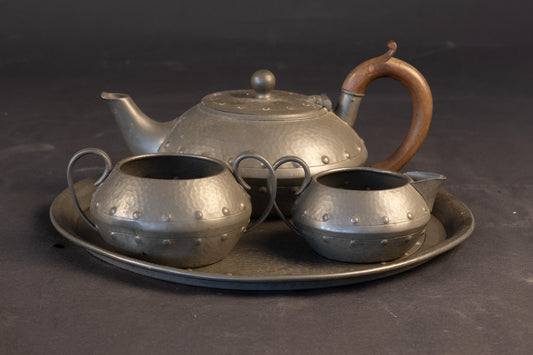 4-delig Arts & Crafts Tinnen Theeservies op Dienblad
