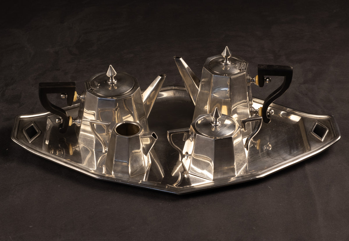 Frans Art Deco Mokka- & Theeservies (5-delig) – Octogonaal Design met Dienblad – ca. 1925–1935