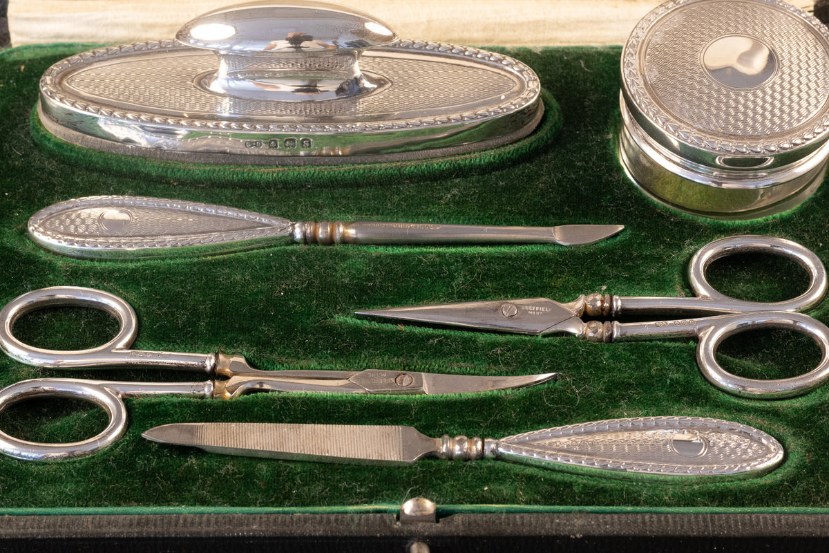 Antieke 6-delige Sterling Zilveren Manicureset in Originele Cassette – Birmingham 1917, Synyer & Beddoes