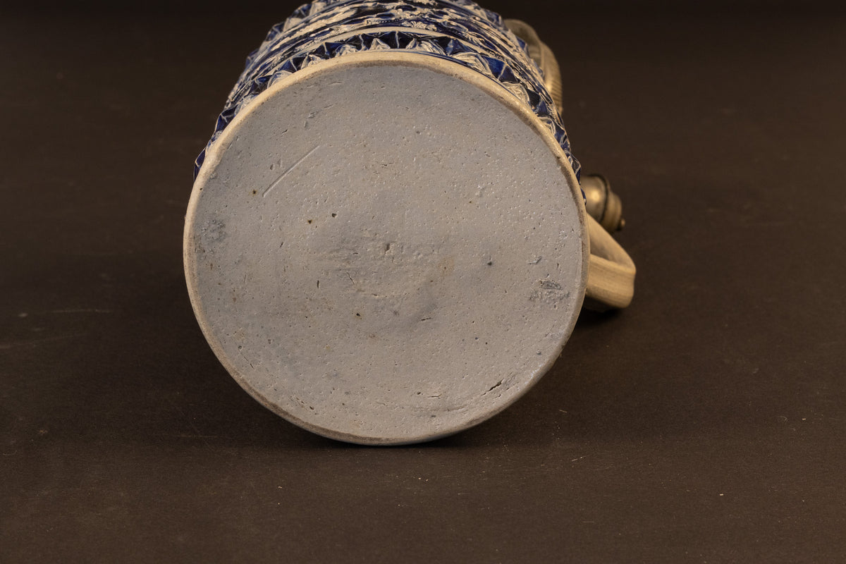Zeldzame Westerwald steengoed kruik (Walzenkrug) met gegraveerd tinnen montuur - 1765