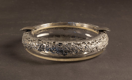 Antieke kristallen asbak met ajour 830 zilveren montuur – 'Oud-Hollands' (ca. 1915)
