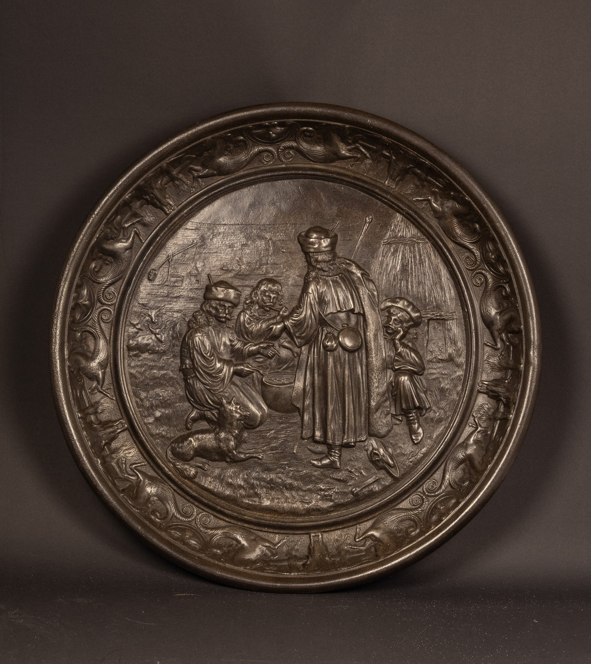 Monumentalhistorisches gusseisernes Reliefbild – „Jakob und Äsa“ – Deutschland, ca. 1870–1890 (Ø 40 cm / 6,3 kg)