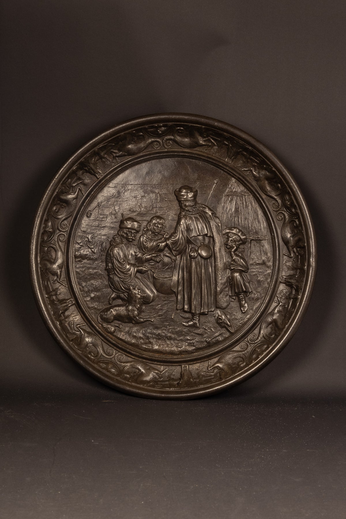 Monumentalhistorisches gusseisernes Reliefbild – „Jakob und Äsa“ – Deutschland, ca. 1870–1890 (Ø 40 cm / 6,3 kg)
