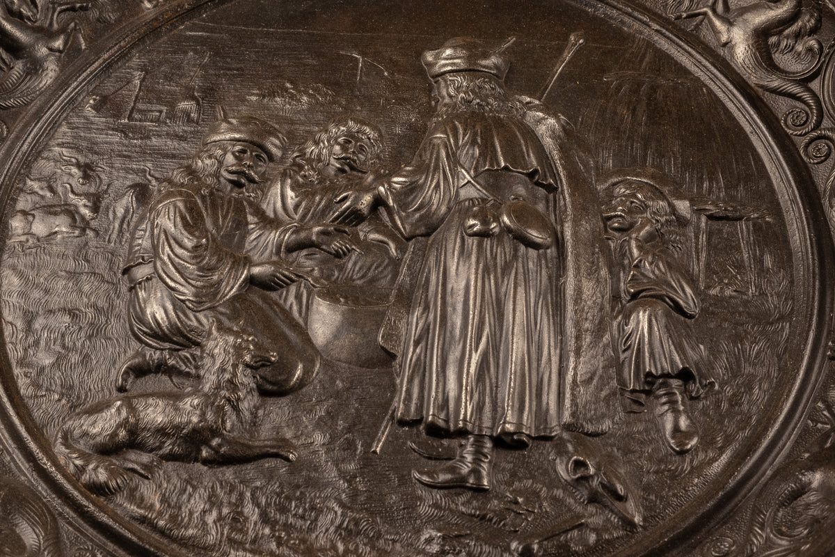 Monumentalhistorisches gusseisernes Reliefbild – „Jakob und Äsa“ – Deutschland, ca. 1870–1890 (Ø 40 cm / 6,3 kg)