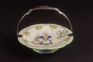 Art Deco plateel bonbonschaaltje op voet met zilveren hengsel – Decor ‘Holiday’, ca. 1925–1935