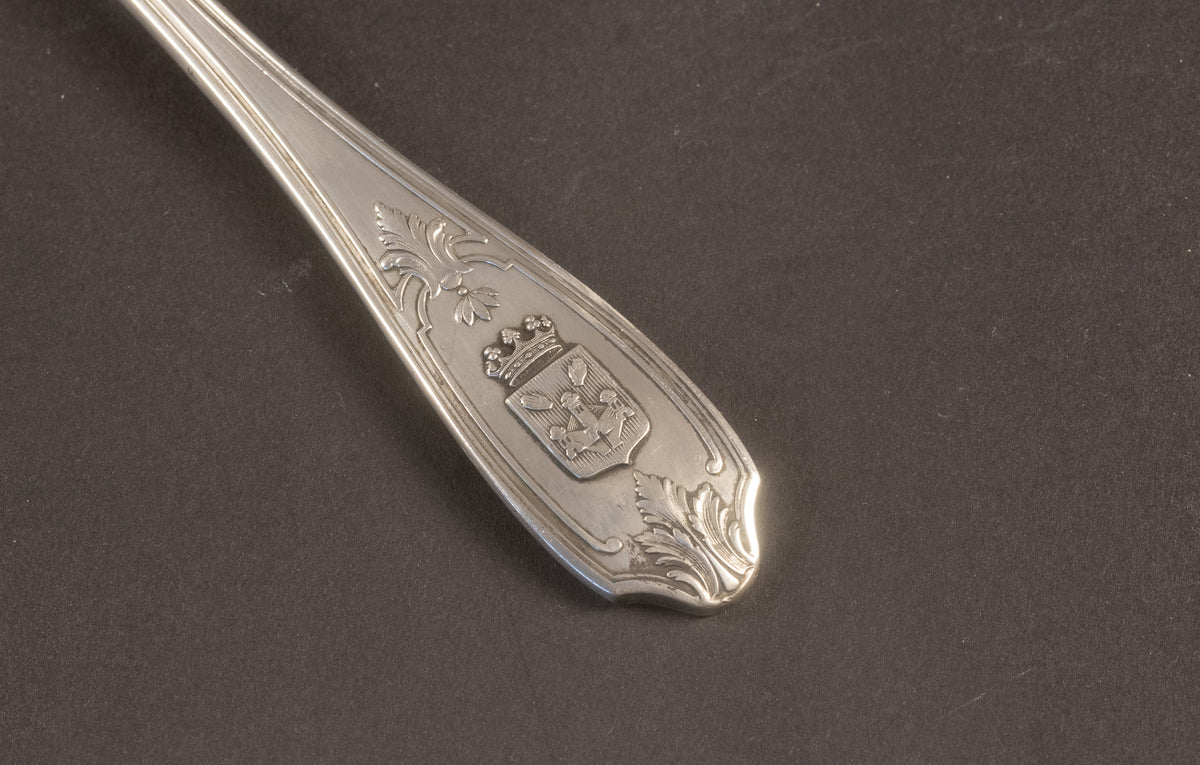 Antikes silbernes Tête-à-Tête-Besteck mit dem Wappen von Antwerpen – R. Rondeau Joaillier Anvers (In Originalkassette)